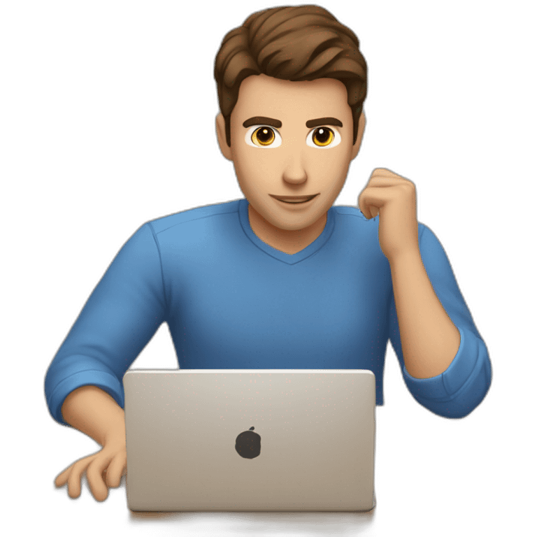 a man with brown hair, brown eyes, and a blue shirt. He is typing a message on his laptop emoji