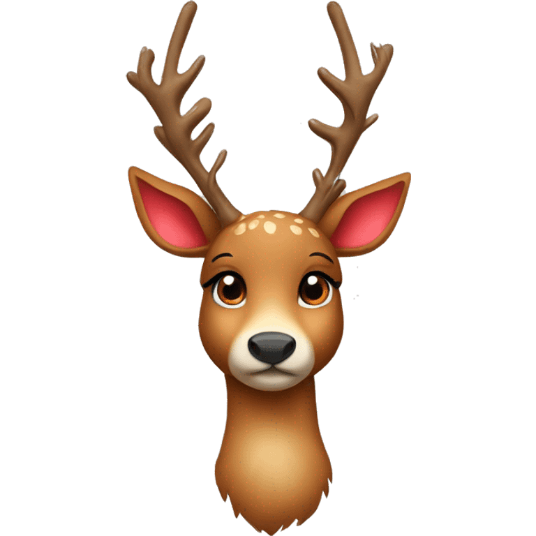 Create a cute deer emoji with soft brown fur, big kind eyes and horns. A red Christmas hat or a wreath of fir branches can be on the head to create a festive image emoji