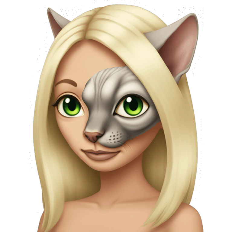 Sphynx cat with green eyes being held by blonde girl with long hair emoji