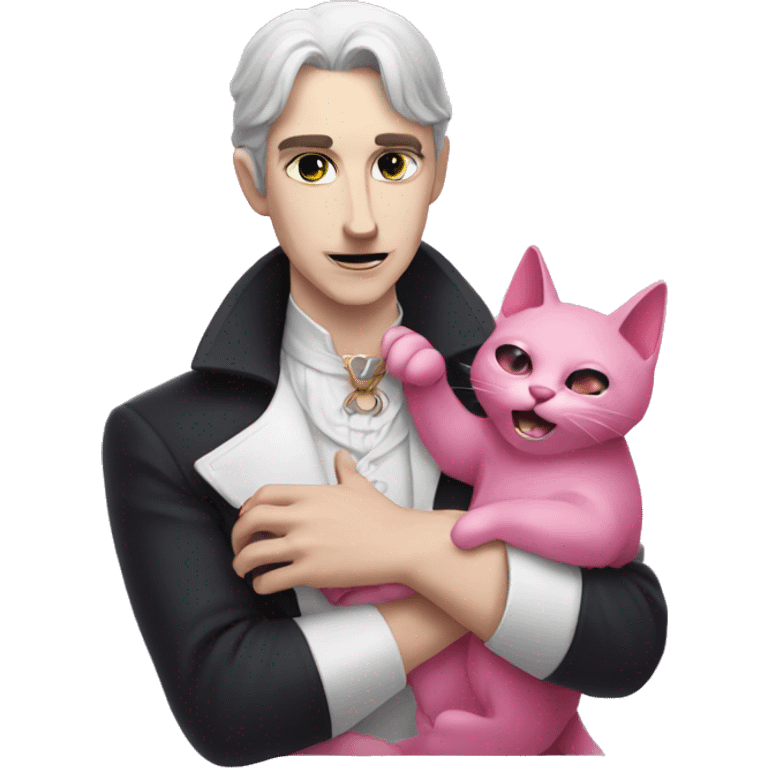 A pale male vampire petting a pink cat emoji