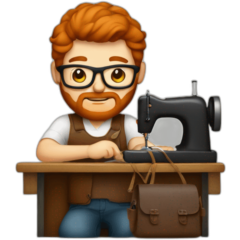 Red smooth haired man with beard and glasses sewing a leather bag by hand emoji