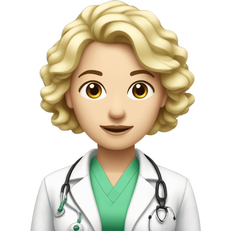 Femme Medecin,cheveux châtains clair bouclés , yeux verts  emoji