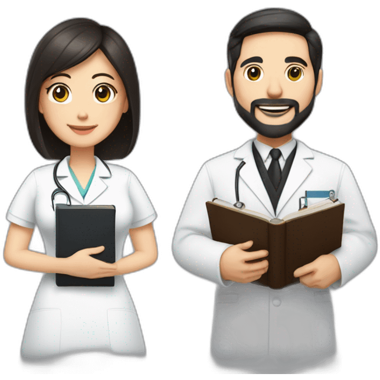 middle age american pastor with dark brown hair with trimmed beard wearing a suit holding a bible, beside woman asian middle age with black shoulder length hair wearing a nurse uniform emoji