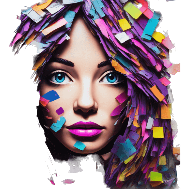 Colourful blacklight neon patchwork Person face portrait made entirely of multicoloured torn up magazines  emoji