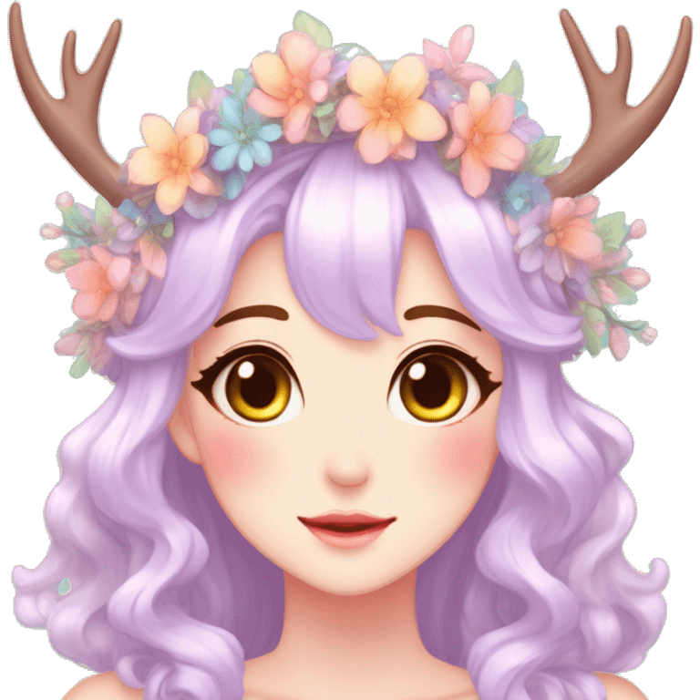 Gorgeous Shiny Colorful Pastel Anime Style Mature Lady with blushing face and pretty hair with a flower crown and antlers pastelcore kawaii cottagecore fairycore aesthetic trending style emoji