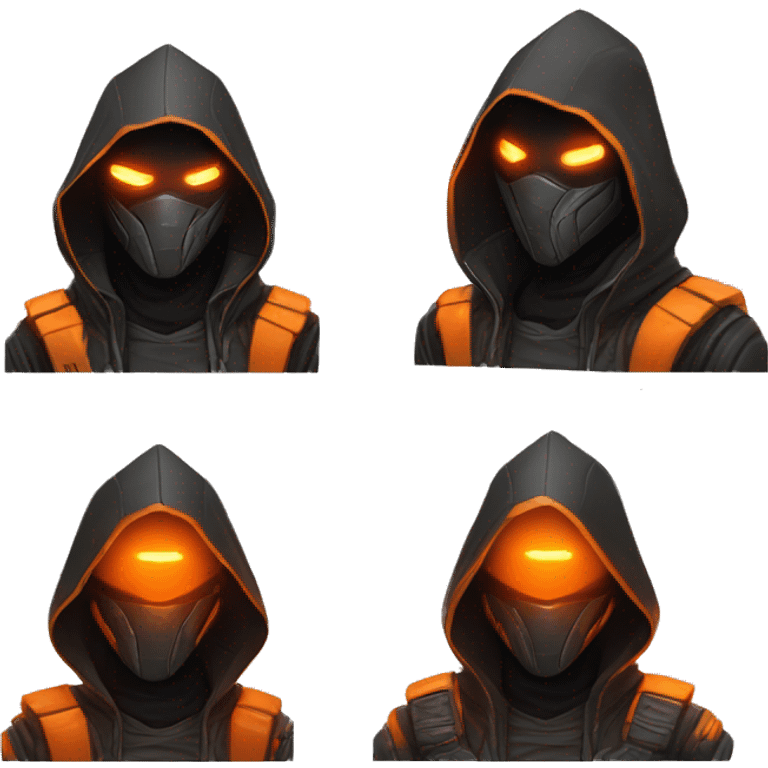  developer behind his laptop with this style : crysis Cyberpunk Valorant orange glowing bright orange character orange black hooded assassin themed character emoji