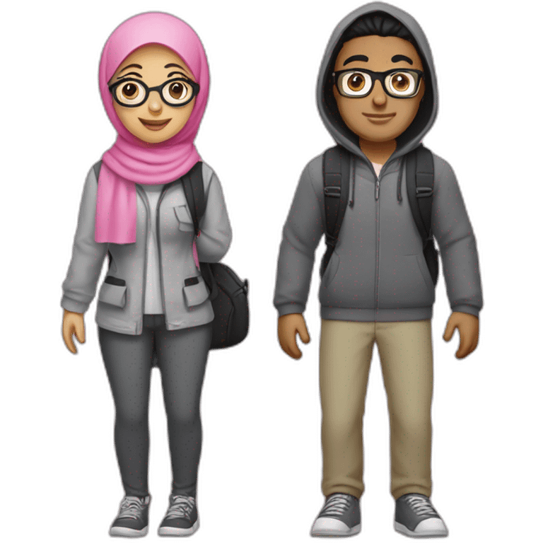 young white man with black hair, glasses, and gray clothes, and woman with hijab, glasses, and pink clothes, both with backpack for holiday trip, full body emoji