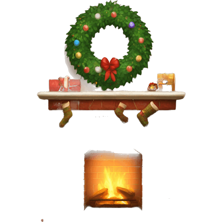 Brick Fireplace with wreath and Christmas lights and stockings emoji