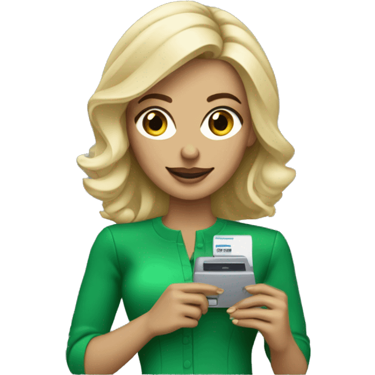 blonde woman dressed in a chic green look with a credit card machine in her hand emoji