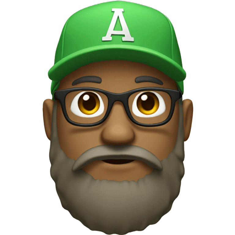 A 3D avatar with a green baseball cap, glasses, and a full beard on a beige background.

 emoji