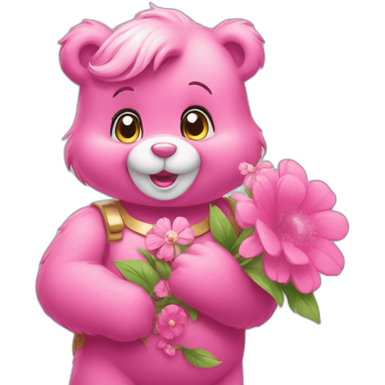 Pink Care bears holding flower bouquet emoji