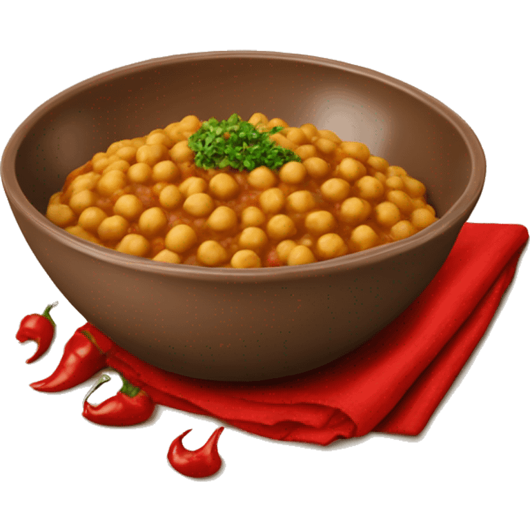 large brown bowl with chickpea chole bhature and red pepper emoji