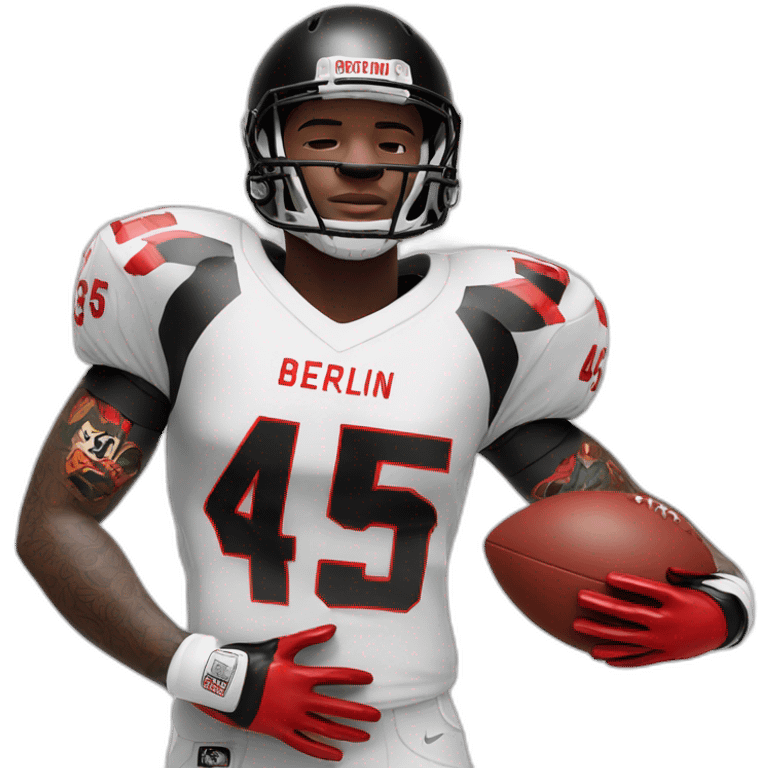 male black football player with tattoo on left arm. White jersey with number 45 and lettering Berlin above the number. white longsleeve on right arm and two red gloves emoji