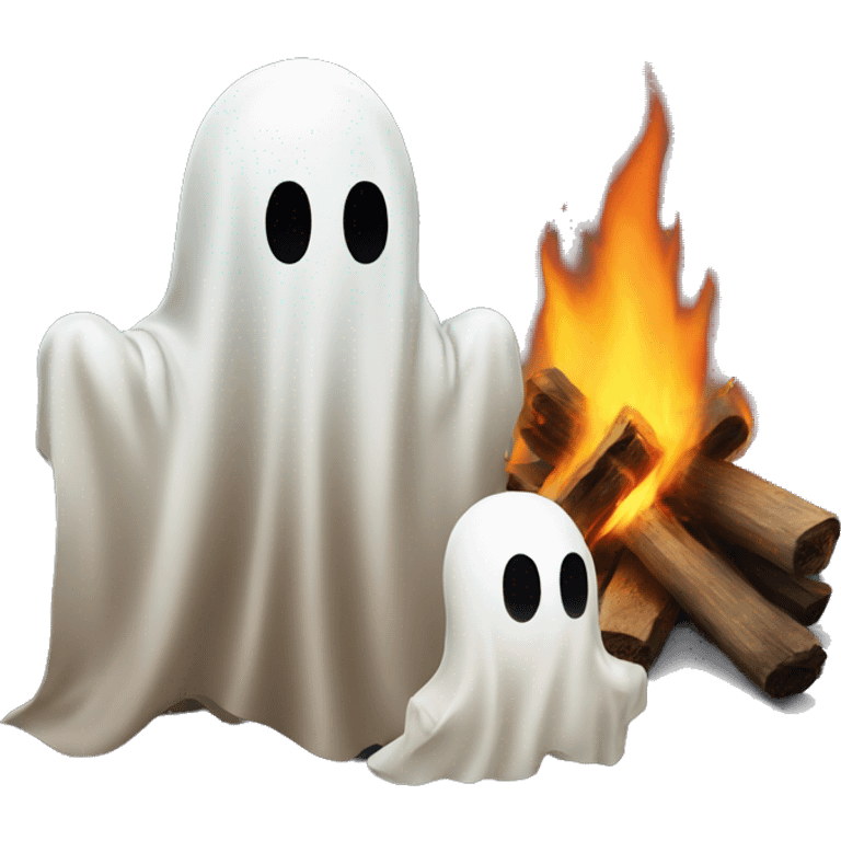 Ghosts stare at man around bonfire emoji