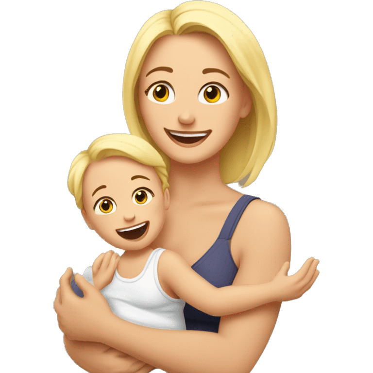 an EMOJI of a young mother with blonde hair, waist-up portrait, joyfully lifting baby in the air. The mother is lifting the baby with raised hands high above hear head and they look into each other eyes emoji