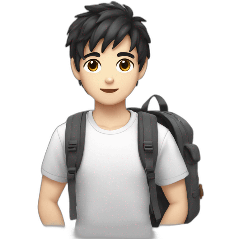 Boy white skin black hair brown eyes gray t-shirt with backpack anime style emoji