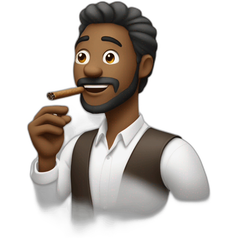 Hombre de pelo largo programando con un cigarro en la mano derecha y en la mano izquierda un cafe, pelo negro blanco  emoji