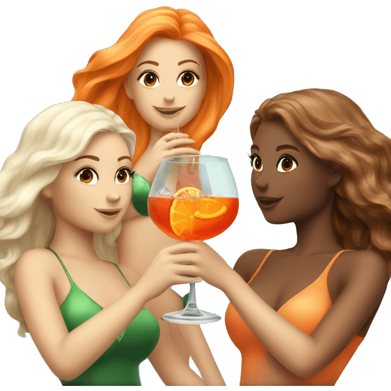 Three mermaids (1 blond, 2 brown hair) drinking aperol emoji