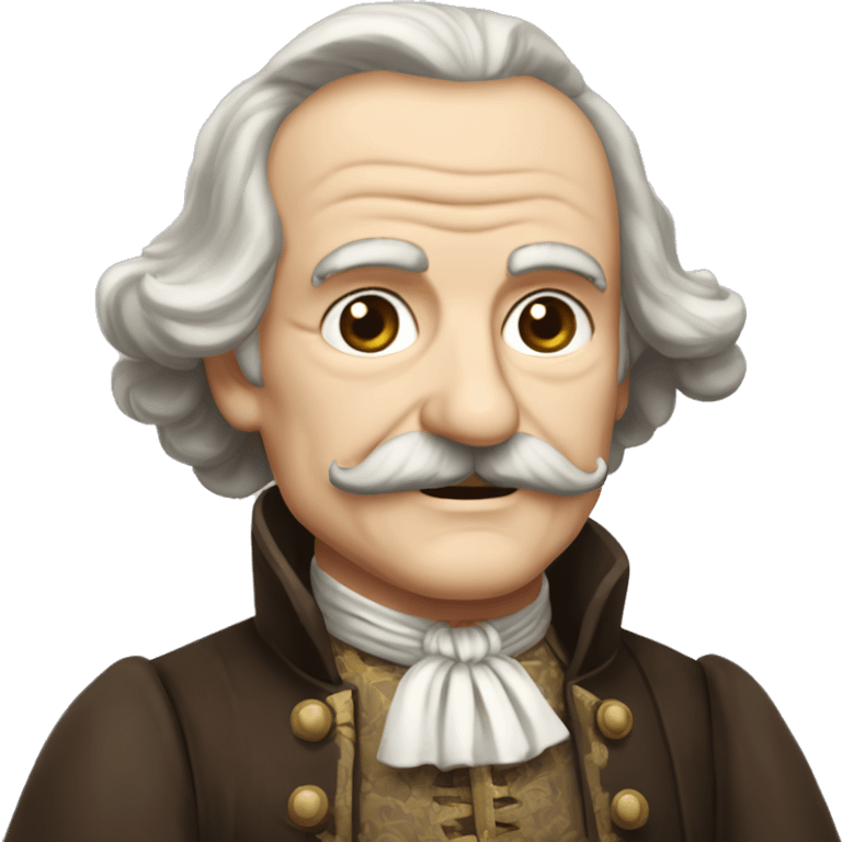 Short pudgy old man over enthusiastic face bald forehead long wavy gray and brown brunette long wavy hair moustache Shakespearean dress vintage clothes hamlet emoji