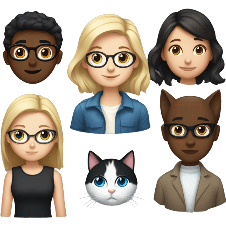 one girl with short blond hair and blue eyes, to her left a girl with dark hair and brown eyes, in front of them a black cat, a white cat and a brown tabby cat and next to him a boy with dark short hair, blue eyes and glasses emoji