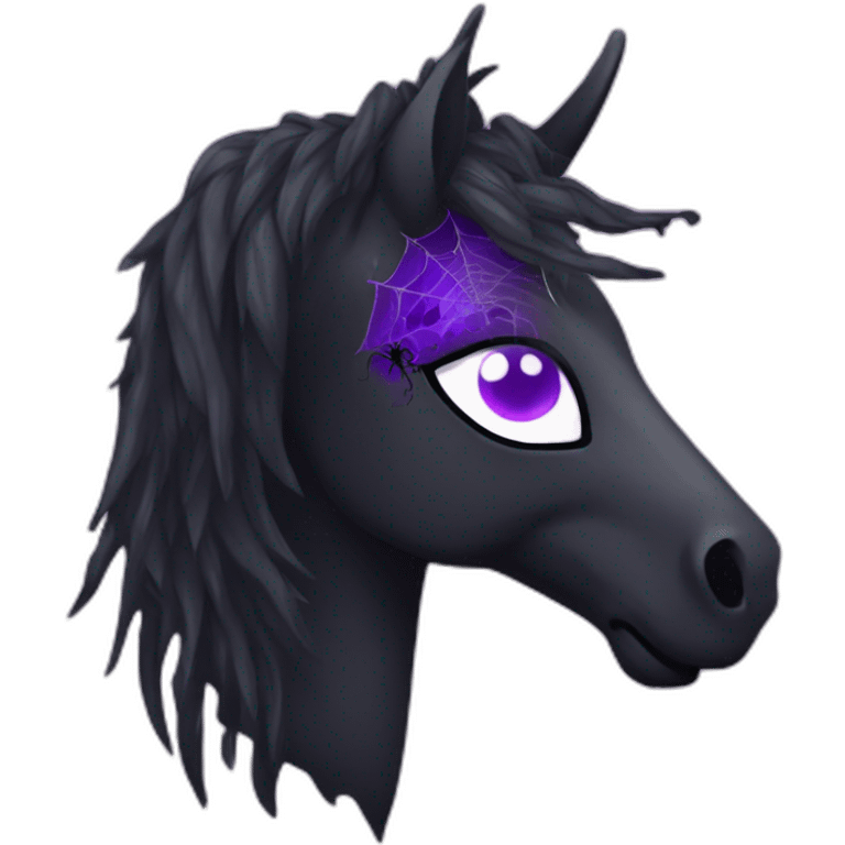 Spooky black unicorn with purple eye and white spider webs emoji