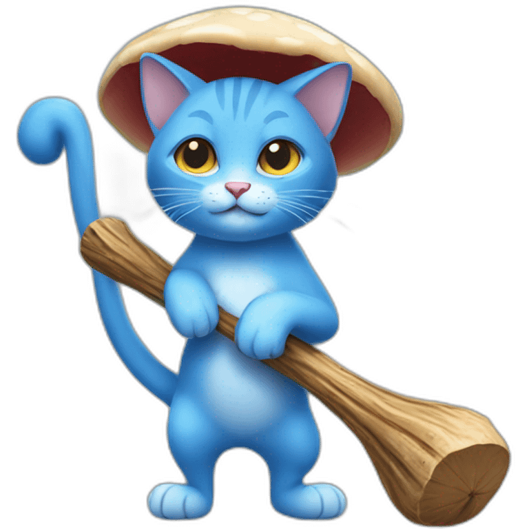  Cute Blue Cat NO ears wearing a mushroom cap carrying a stick emoji