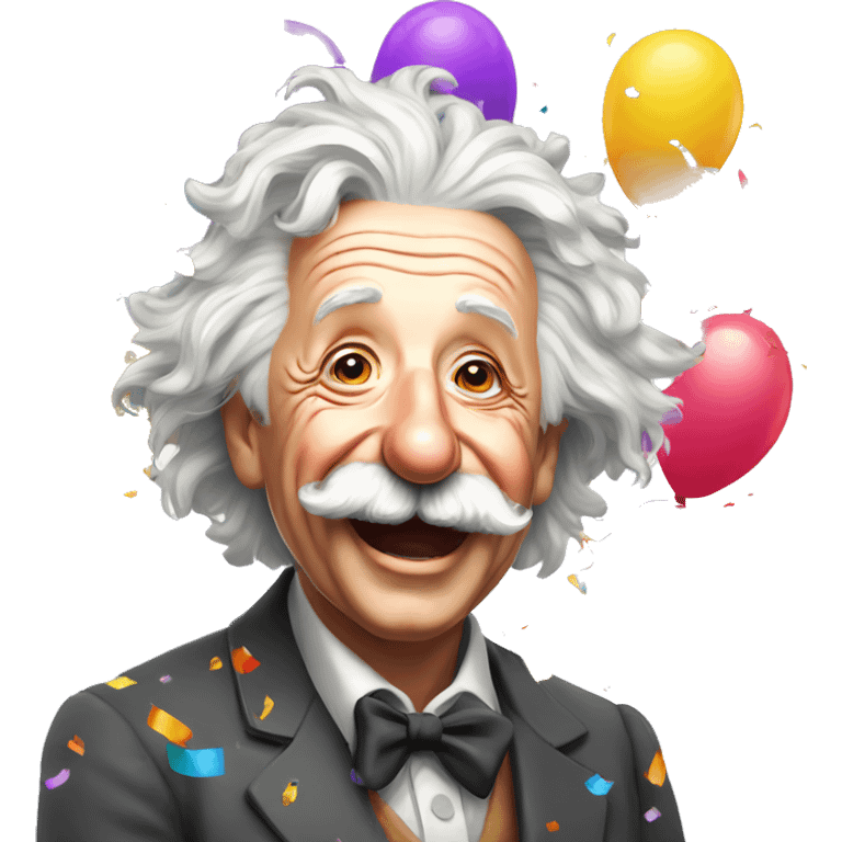 happy albert einstein with lots of colourful confetti and party balloons emoji