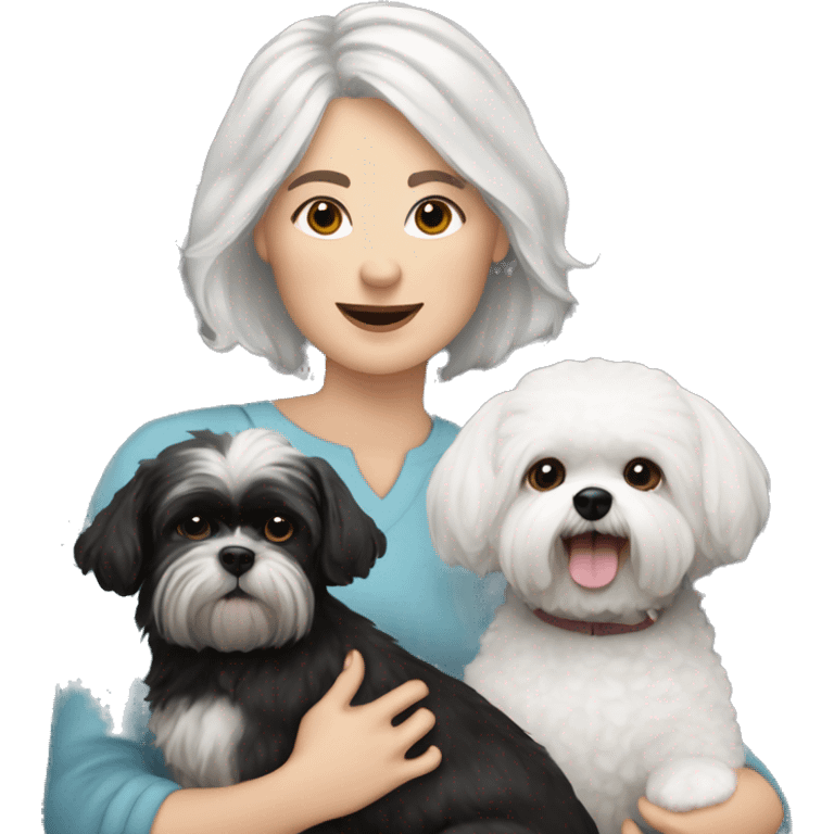 White women with short grey hair holding two dogs one black shih tzu and one white bichon frise emoji