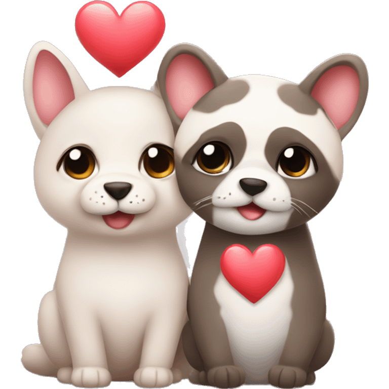 Two different cute animal couple love with heart emoji