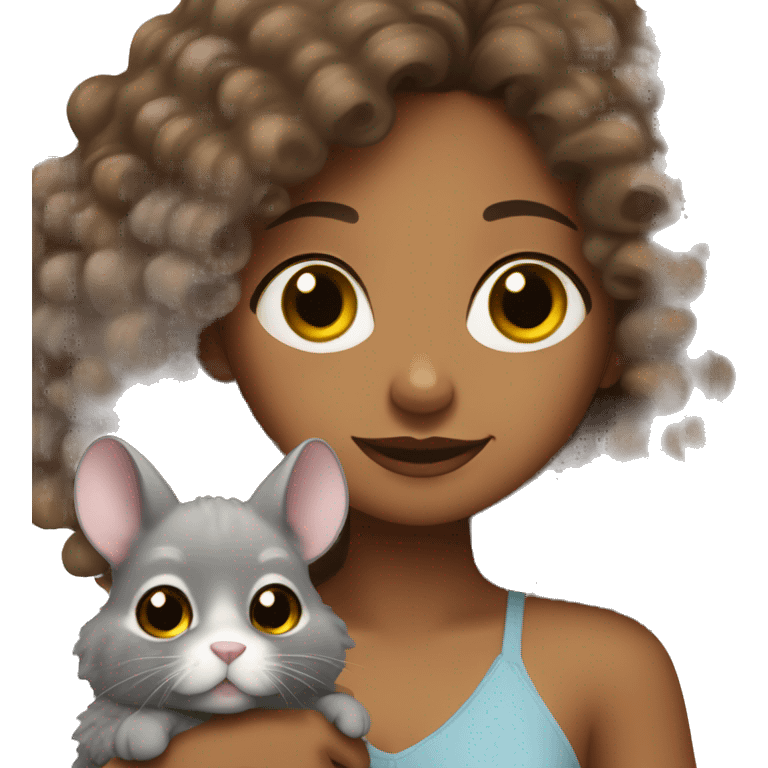 brown girl with curly hair holding her chinchilla emoji