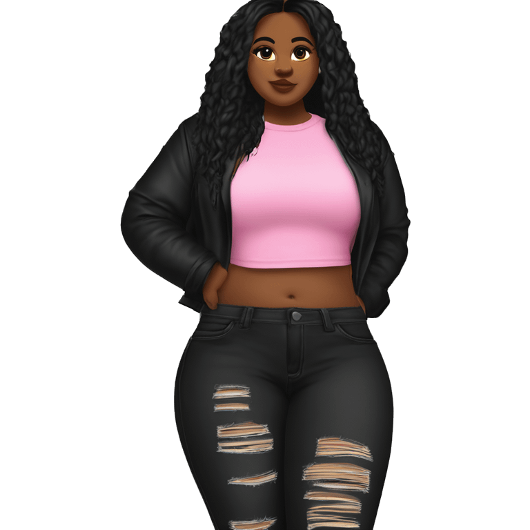 Bbw long back hair pink crop top and black ripped jeans and black heel boots  emoji