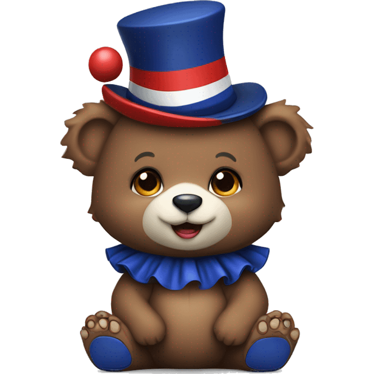 Brown baby bear. Clothes are Red White and Navy. Wearing jester collar and a clown hat.  emoji