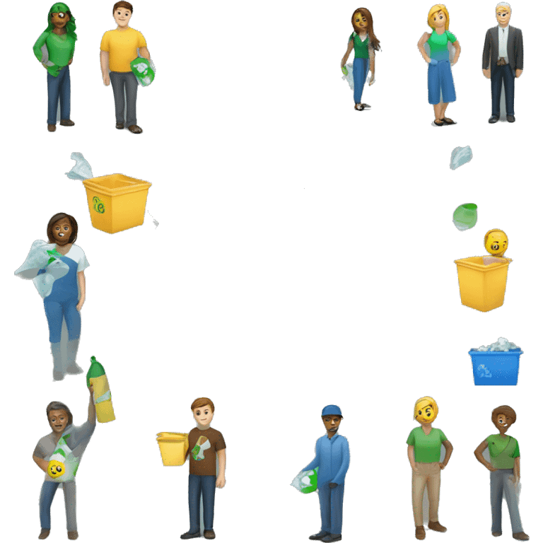 individuals in a company focused on recycling plastic waste. It depicts teamwork and collaboration in the initiative to recycle plastic, highlighting the collective effort and shared responsibility in environmental sustainability. emoji