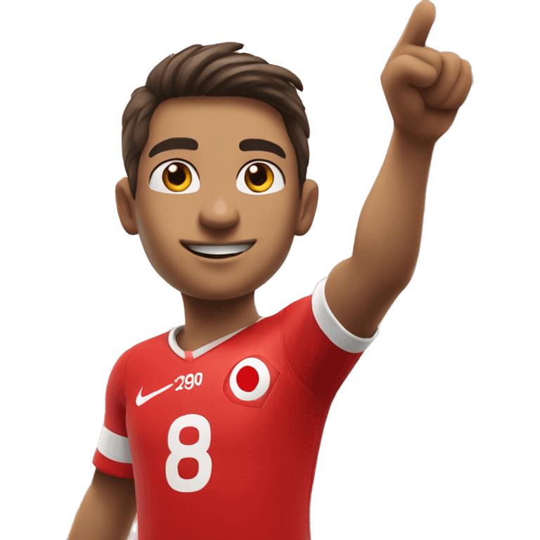 A young Turkish football player holds his jersey emblem with his right hand, points the sky with his left hand emoji