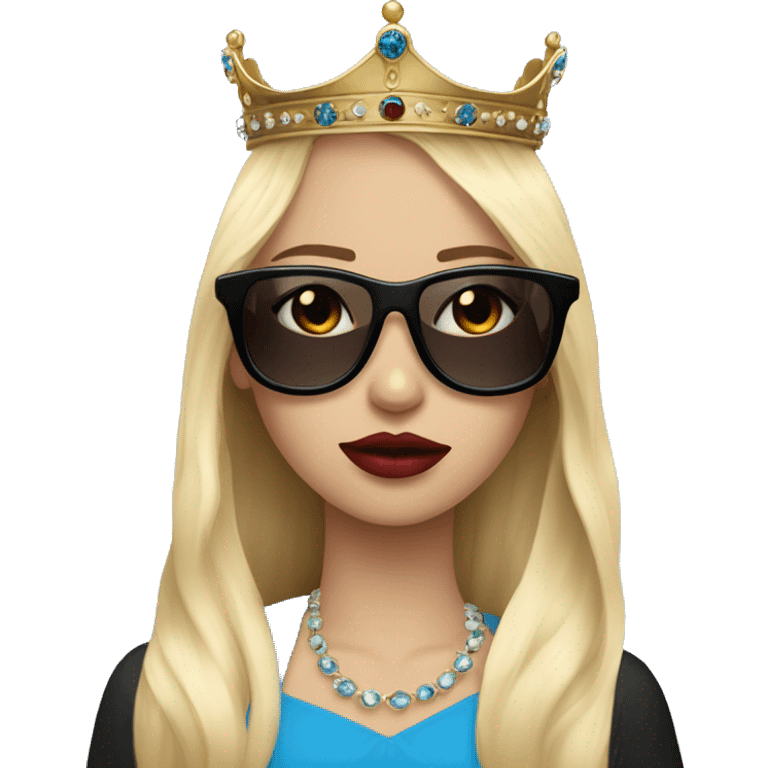 girl long blonde hair blue eyes black sunglasses and a crown that cover her eyes and cherry lipstick emoji