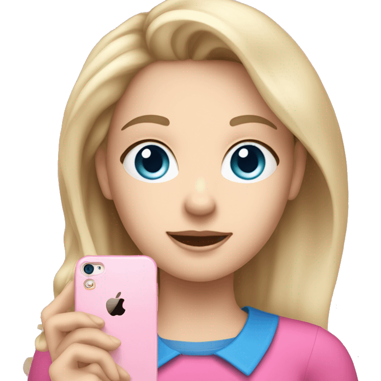 a blue eyed white dark blond hair girl wearing a pink shirt holding a pink iphone  emoji