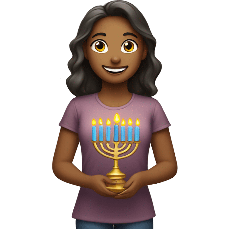 smiling girl in shirt lighting a menorah emoji