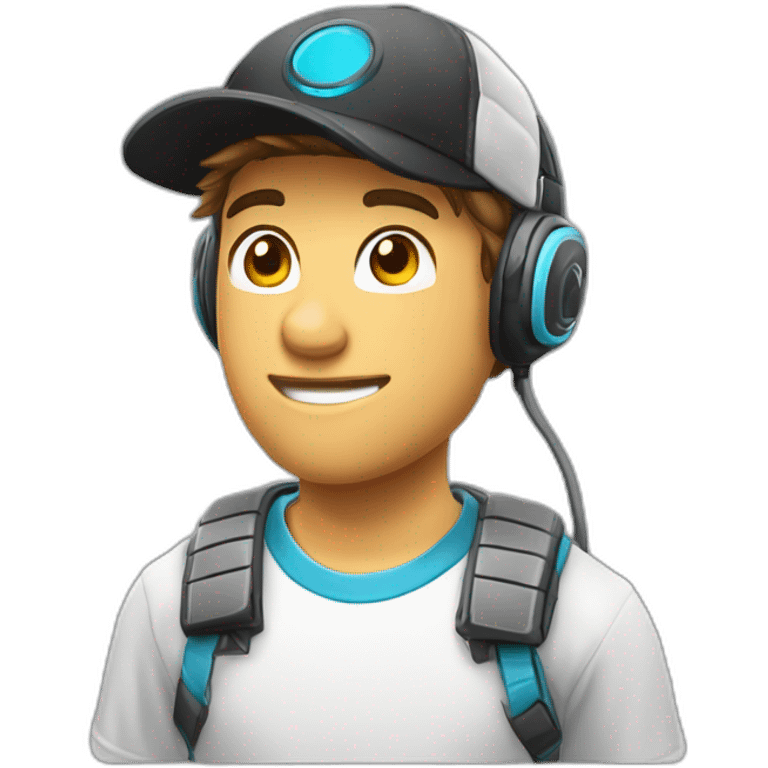 jeune homme gamer avec un casque micro, l'air sérieux, une casquette blanche emoji