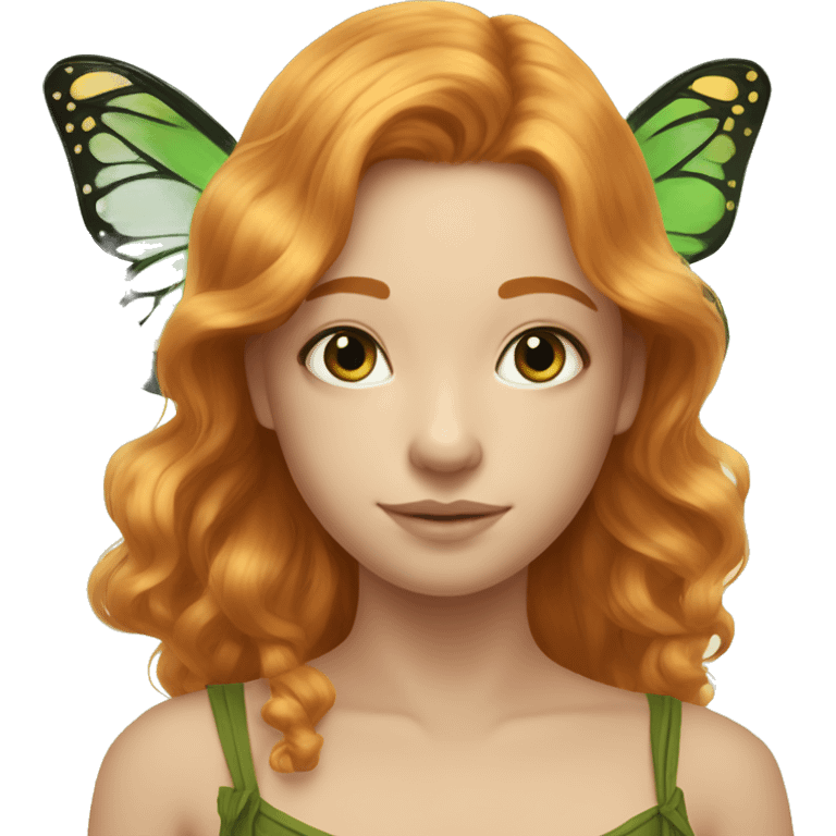 Beautiful, cornflower, fairy, green, gold, chest length ginger hair, big green and gold butterfly wings emoji