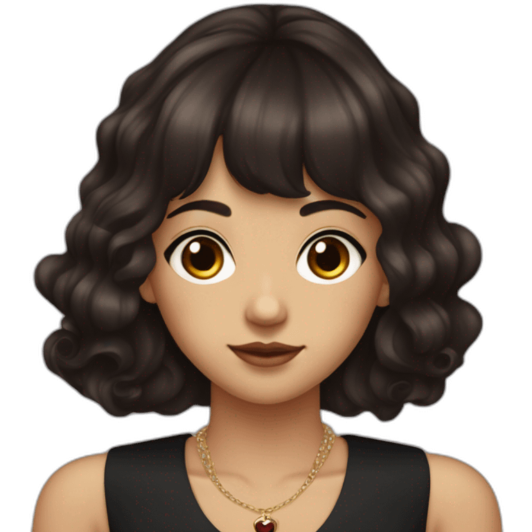 young woman with long dark red brown hair that is wavy with bangs parted to the sides and dark brown eyes. She wears a sleeveless black flapper dress with a cross necklace emoji