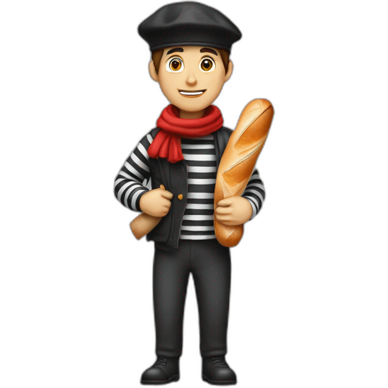 a french guy with a beret, black and white striped clothes, a red scarf and a baguette on his back. emoji