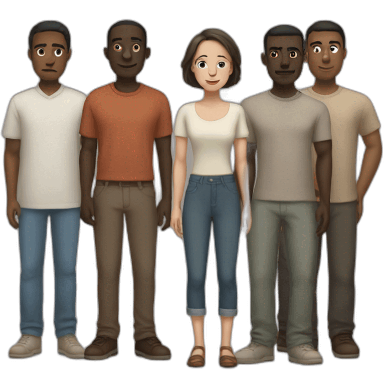 six dark-skinned men stand behind a pale woman emoji