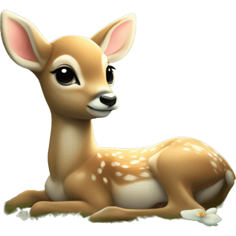 baby deer with delicate angel wings resting peacefully in a lush green meadow scene is soft sunlight filtering through the trees dreamy atmosphere emoji