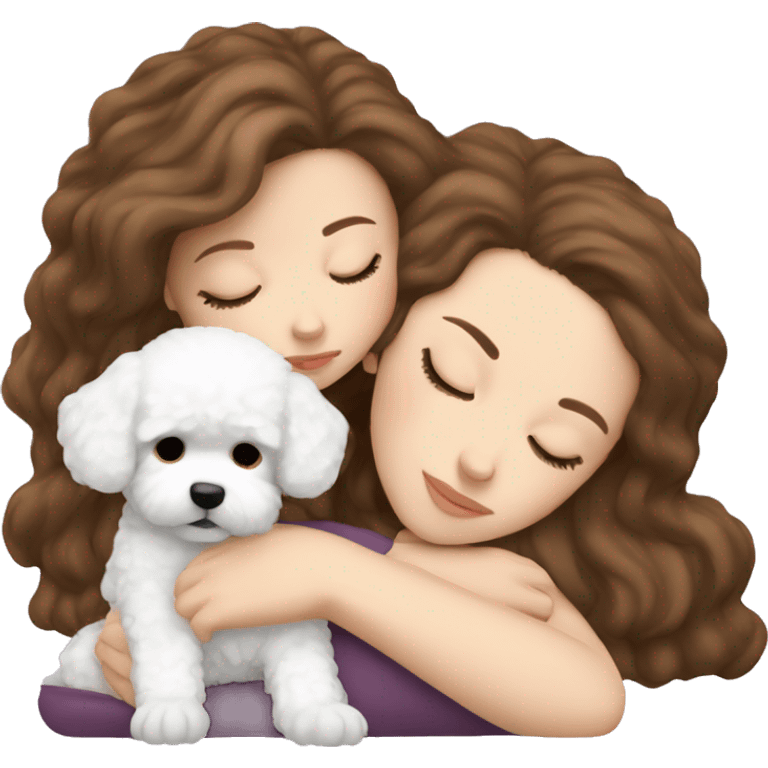 White girl brown hair sleeping with Mini Bichon emoji