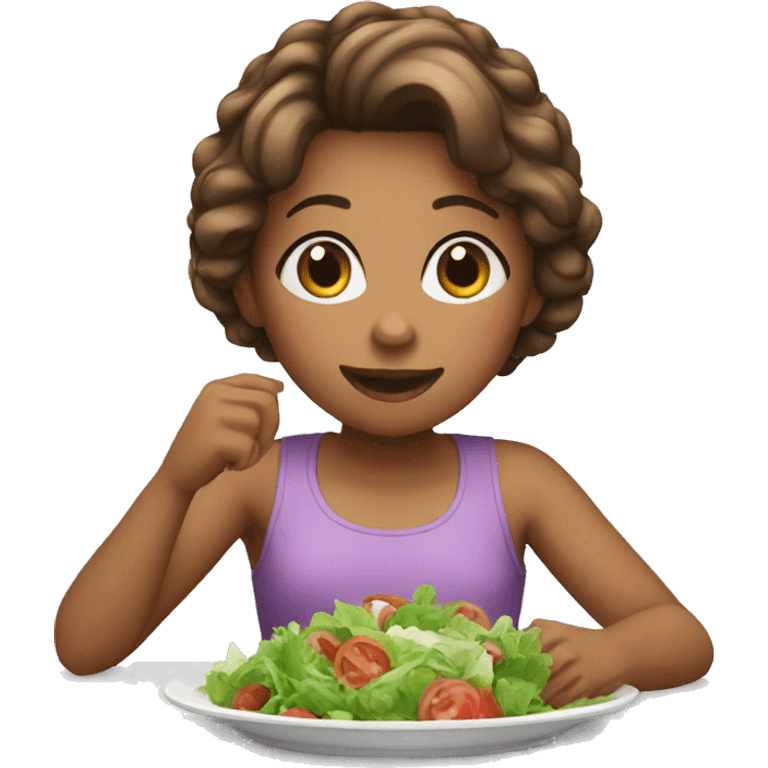 Girl eating salad on a table emoji