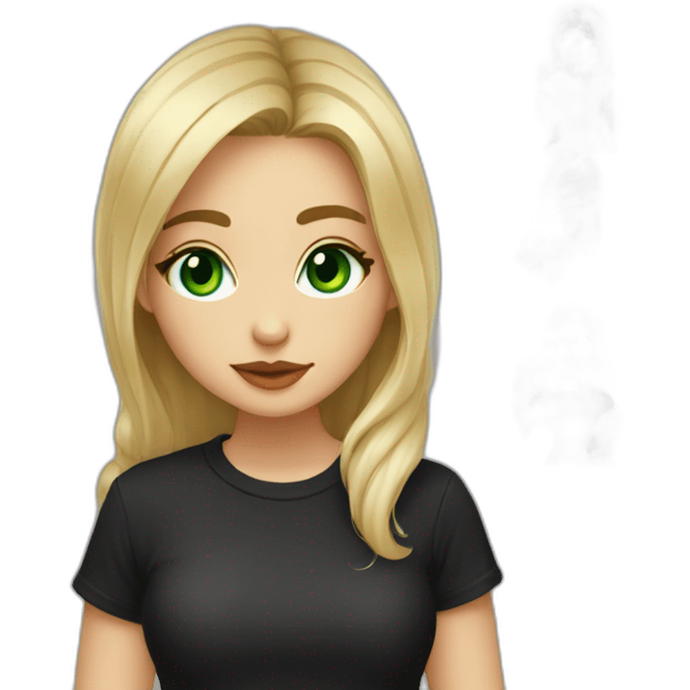 Artist girl with paints blonde beautiful green eye kiss full body and legs. Black shirt emoji