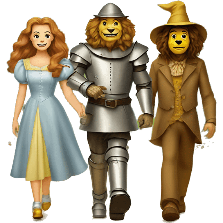 Dorthy, cowardly lion, tin man, and scarecrow walking down the yellow brick road emoji