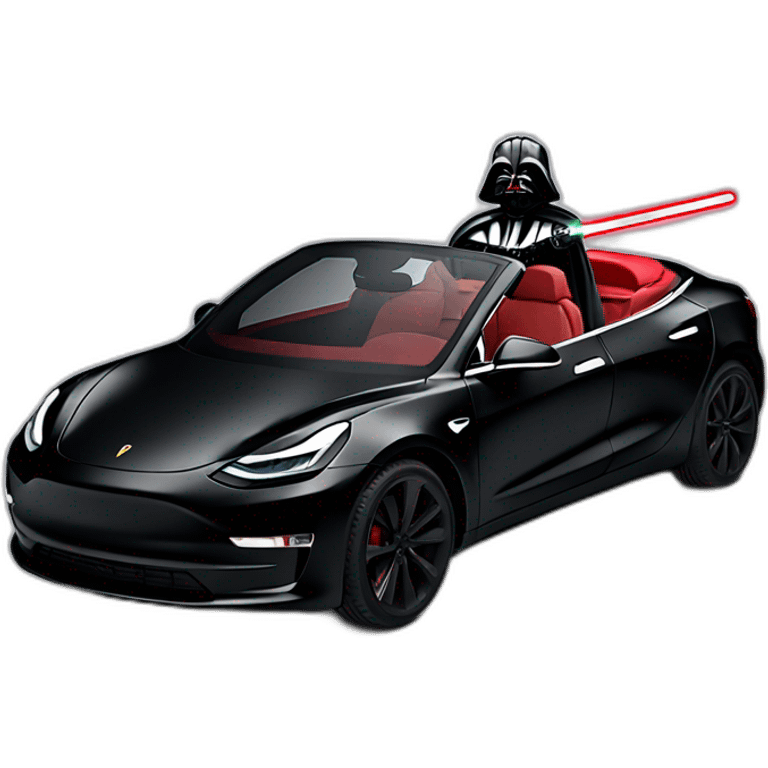 Darth Vader with red lightsaber on driving inside a open top black Tesla Model 3, front view emoji