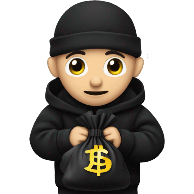 Thief wearing all black clothes stealing a money bag with the words Top Tier embroidered on it emoji