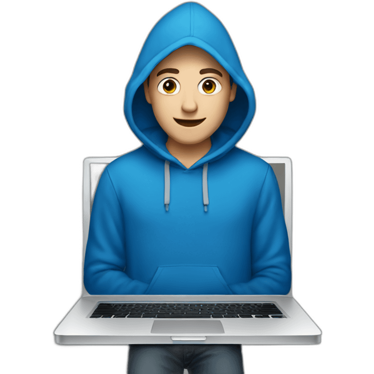 White Young man with a blue hood behind his laptop opened emoji